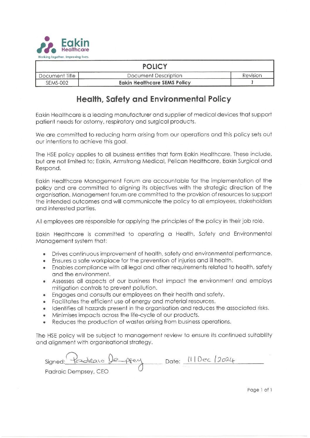 SEMS 002 Eakin Healthcare SEMS Policy R1 Signed pdf Armstrong Medical | Medical Device Manufacturer