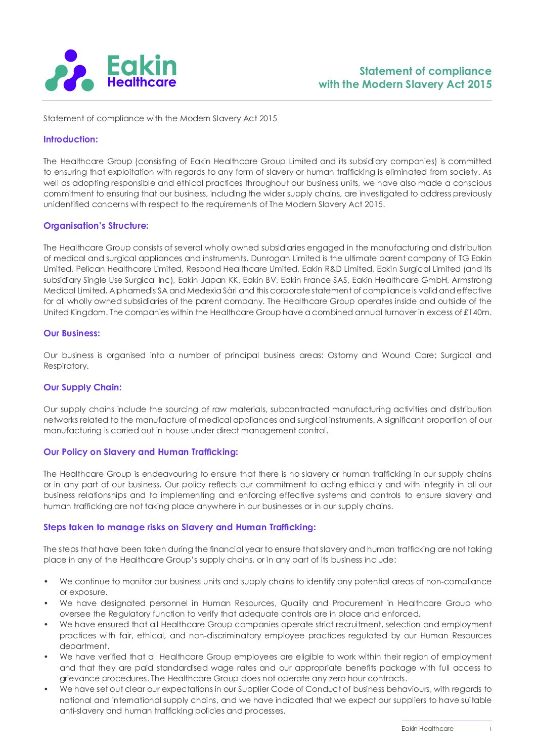 Statement of compliance with the Modern Slavery Act 2015 pdf Armstrong Medical | Medical Device Manufacturer